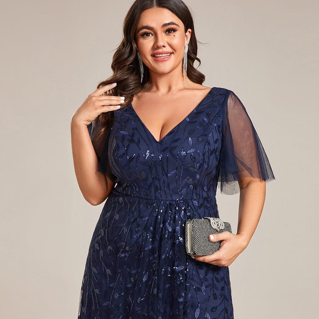pretty ALIX|Plus Size Short Sleeves Sequin High Low V-Neck Midi Formal Evening Dress-gallery-30613783773258