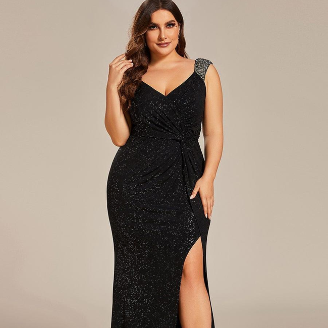 pretty NOIRE|Plus Size Glitter V-Neck High Slit Sequin Shoulder Strap Evening Dress-gallery-32647844593738
