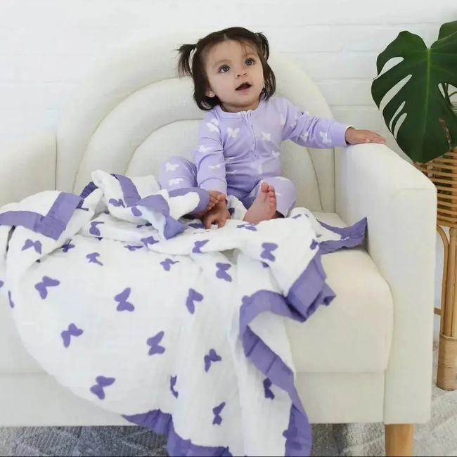 Lilac Flutter Zipped Onesie (0–12 Months) – 100% Cotton Muslin Baby Sleepwear-gallery-46604604014825