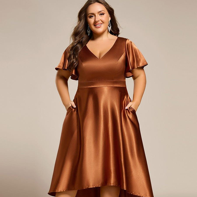ever SCARLEN|V-neck High-Low Satin Wedding Guest Dress with Pockets-gallery-32771455746122