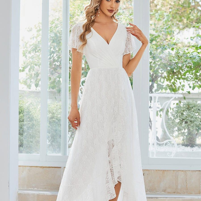 ever ELISE|Pleated V-Neck Short Sleeve Ruffled Lace Wedding Guest Dress-gallery-30012378841162