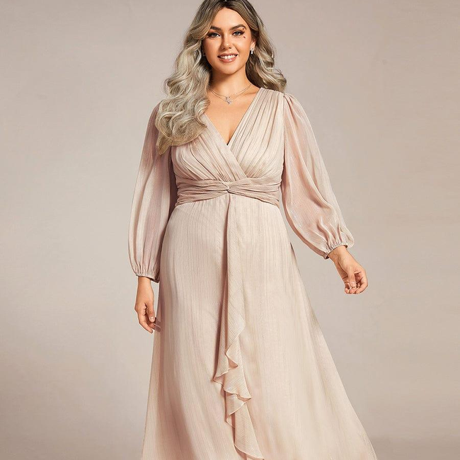 ever EMBER|See-Through Long Sleeve Twist Knot A-Line Lotus Leaf Shimmering Evening Dress-gallery-31381719875658