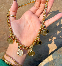 Vintage yellow 18K convertible gemstone and coin necklace, 16.25 inch