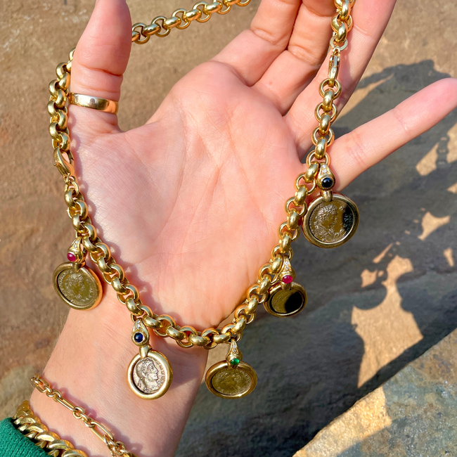 Vintage yellow 18K convertible gemstone and coin necklace, 16.25 inch-gallery-50018000175419