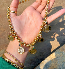 Vintage yellow 18K convertible gemstone and coin necklace, 16.25 inch
