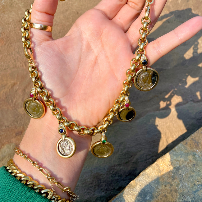 Vintage yellow 18K convertible gemstone and coin necklace, 16.25 inch-gallery-50018000175419