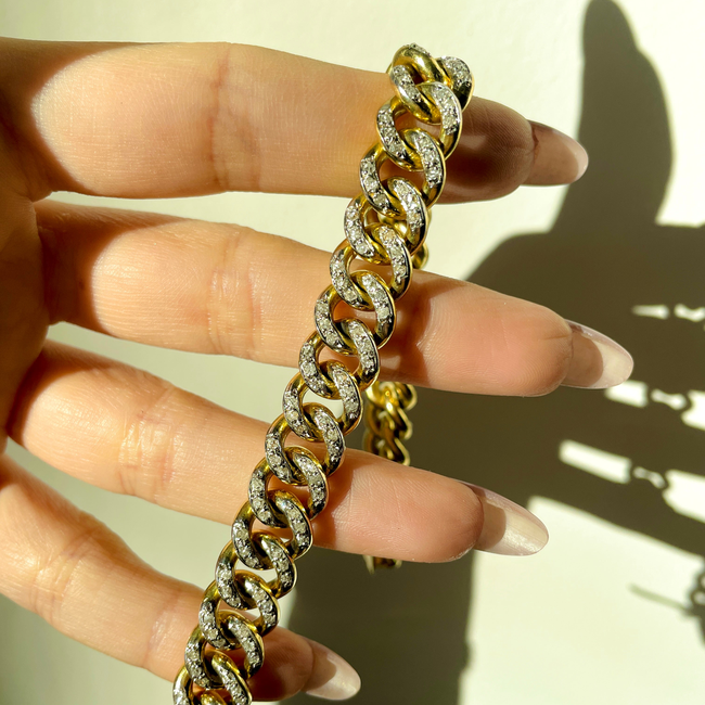 Vintage yellow solid 18K gold round approx 4 ctw old cut diamond curb bracelet with double side safe-gallery-51312276406587