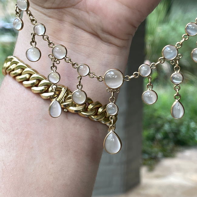 Antique Yellow 14K moonstone fringe bezel set necklace, 17.5 inch-gallery-56049046683963