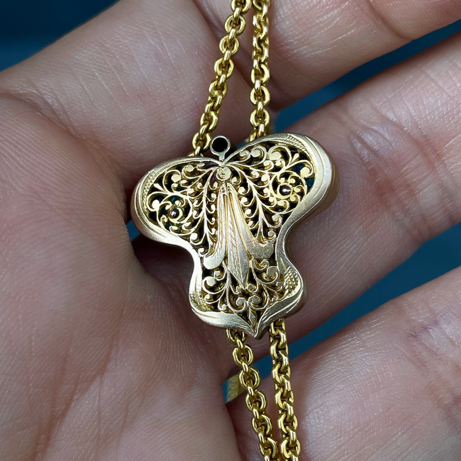 Antique Art Nouveau longguard chain with 21K/22K gold chain, 14K gold blue enamel butterfly slider w-gallery-56085003043131