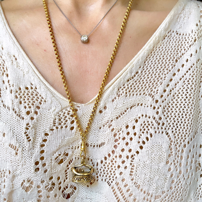 Antique yellow 18K triple rolo link watch chain with dog clip and bolt clasp, 23.5 inch-gallery-56081559781691