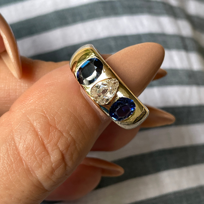 Antique yellow 14K approx .3 ctw old mine pear cut diamond and 1 ctw sapphire 3 stone ring, size 6.7-gallery-56049335861563