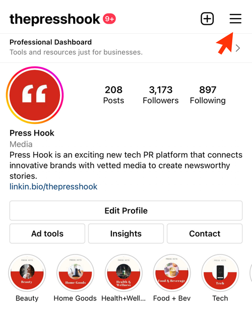 An arrow pointing to three lines in the upper right corner of an Instagram profile.