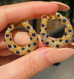 Vintage 18K textured bypass hoops with 3ctw cabochon sapphires and .75 ctw diamonds