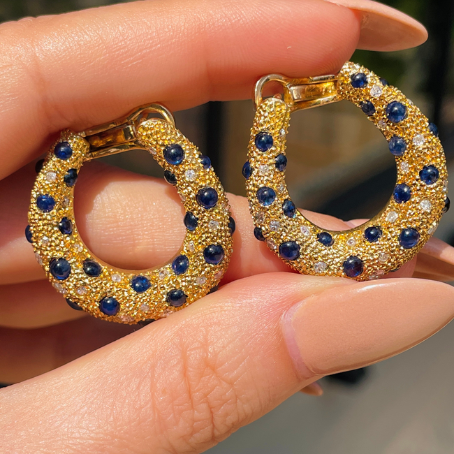 Vintage 18K textured bypass hoops with 3ctw cabochon sapphires and .75 ctw diamonds-gallery-55344663003451