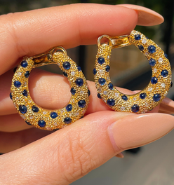 Vintage 18K textured bypass hoops with 3ctw cabochon sapphires and .75 ctw diamonds