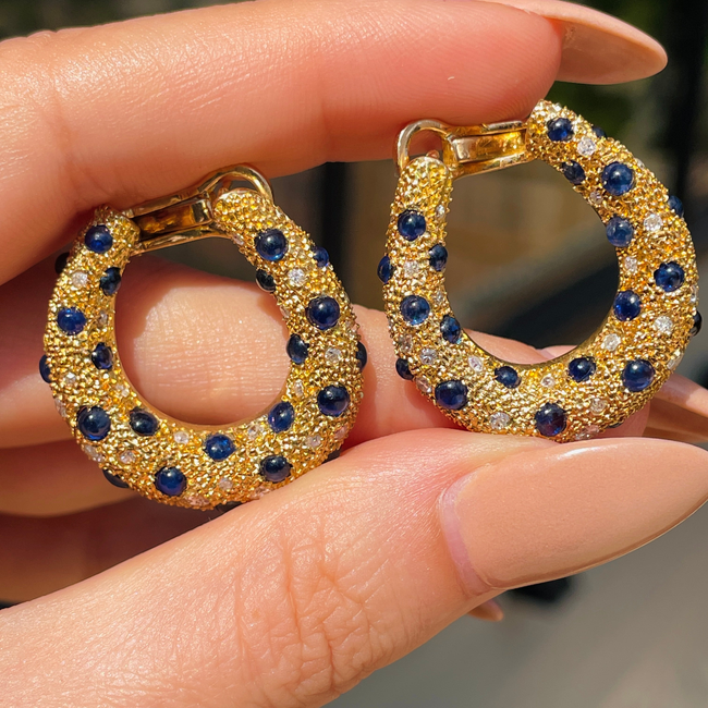 Vintage 18K textured bypass hoops with 3ctw cabochon sapphires and .75 ctw diamonds-gallery-55344663003451