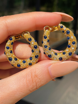 Vintage 18K textured bypass hoops with 3ctw cabochon sapphires and .75 ctw diamonds