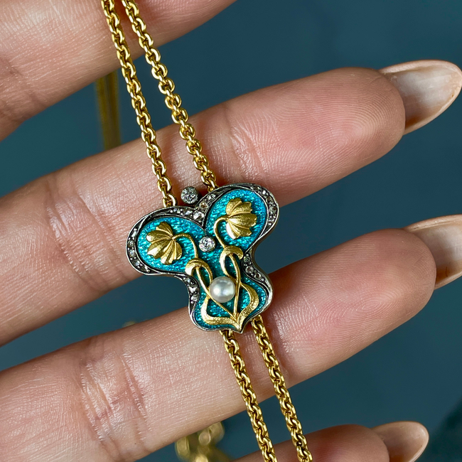 Antique Art Nouveau longguard chain with 21K/22K gold chain, 14K gold blue enamel butterfly slider w-gallery-56085003010363