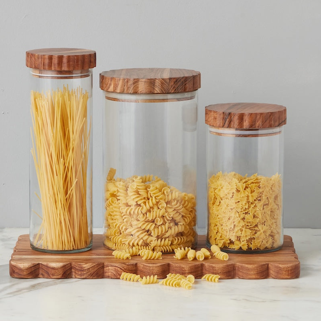 Glass Canister, Scalloped Wood Top, Set of 3-gallery-48035479158977