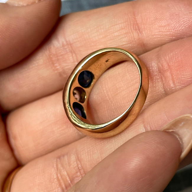 Antique yellow 14K approx .3 ctw old mine pear cut diamond and 1 ctw sapphire 3 stone ring, size 6.7-gallery-56049335763259