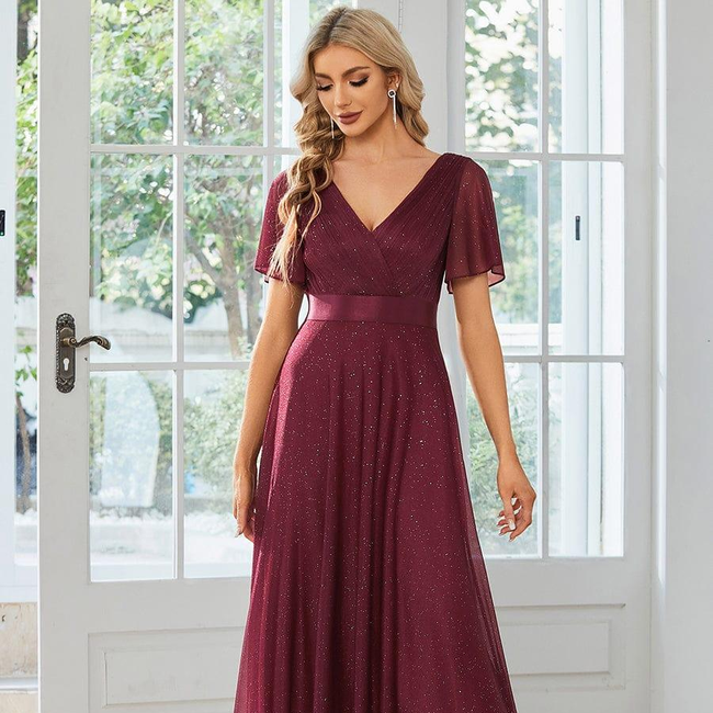 ever LIORÉ|Sparkling Short Sleeve V-Neck Ribbon Waist A-Line Evening Dress-gallery-29993955754058