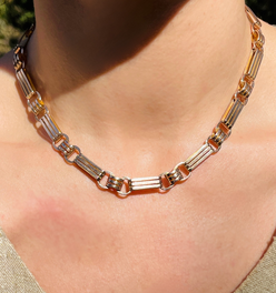 Antique rosy yellow 10K wide bar link watch chain, 16 inch