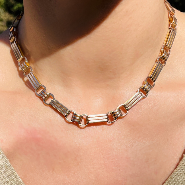 Antique rosy yellow 10K wide bar link watch chain, 16 inch-gallery-49155663987003