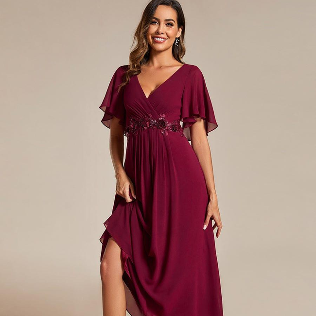 ever DAHLIA|Floral Applique Short Sleeve V-Neck Chiffon Bridesmaid Dress-gallery-32687590047818