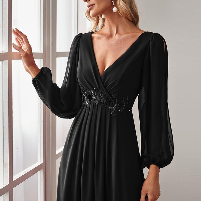 ever AMOUR|Elegant Chiffon V-Neckline Long Sleeve Formal Evening Dress-gallery-30199437393994