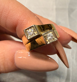 Vintage yellow 18K and diamond Cartier Paris square motif ring, size 4.25