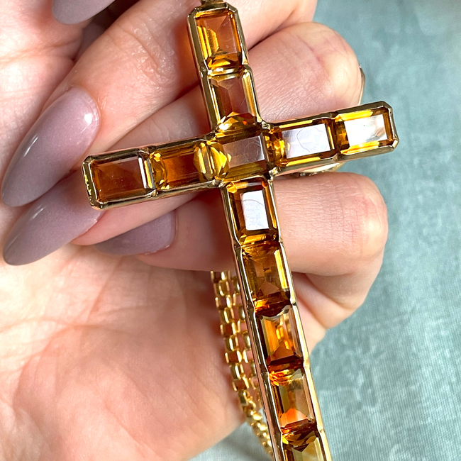 Vintage 14K citrine cross pendant and chain, 21.25 inch-gallery-52662384722235