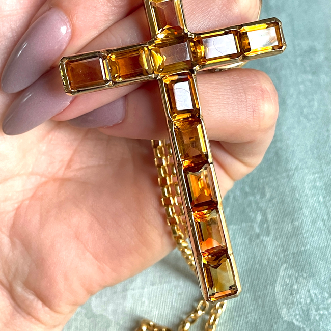 Vintage 14K citrine cross pendant and chain, 21.25 inch-gallery-52662384722235