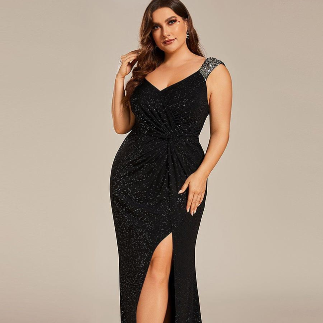 pretty NOIRE|Plus Size Glitter V-Neck High Slit Sequin Shoulder Strap Evening Dress-gallery-32647844757578