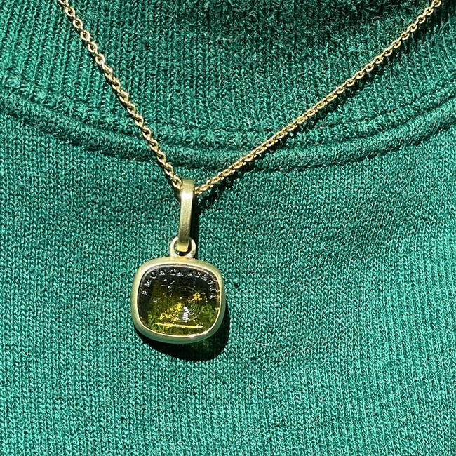 Yellow 14K gold brushed finish "Always at Home" snail glass seal pendant with removable clip bale-gallery-51481204490555