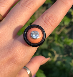 Vintage yellow 18K and platinum target ring with onyx, coral, and approx .8 ctw old European cut dia