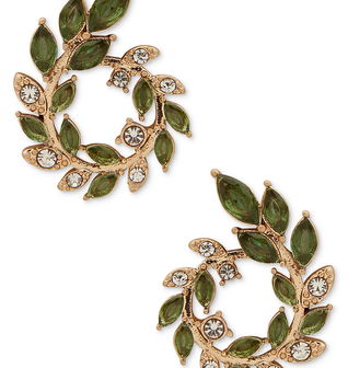 Gold-Tone Open Leaf Stone Small Hoop Earrings