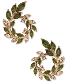 Gold-Tone Open Leaf Stone Small Hoop Earrings