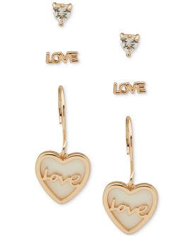 Gold-Tone 3-Pc. Set Cubic Zirconia & Mother-of-Pearl Heart Love Earrings