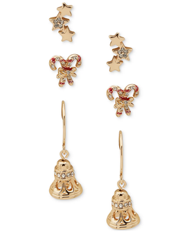 Gold-Tone 3-Pc. Set Pavé Candy Cane Earrings