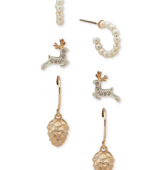 Two-Tone 3-Pc. Set Pavé & Imitation Pearl Reindeer Earrings