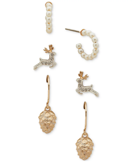 Two-Tone 3-Pc. Set Pavé & Imitation Pearl Reindeer Earrings