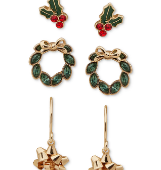 Gold-Tone 3-Pc. Set Crystal Holly, Wreath & Bow Earrings