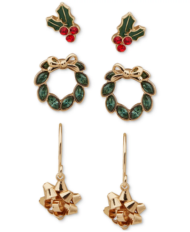 Gold-Tone 3-Pc. Set Crystal Holly, Wreath & Bow Earrings