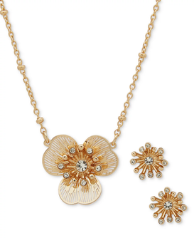 Gold-Tone Crystal Openwork Flower Pendant Necklace & Stud Earrings Set