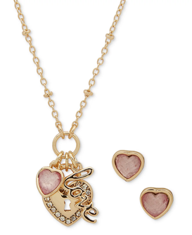 Gold-Tone Pavé & Stone Heart Multi-Charm Pendant Necklace & Stud Earrings Set