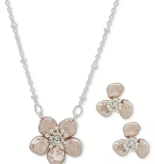 Silver-Tone Crystal Color Flower Pendant Necklace & Stud Earrings Set