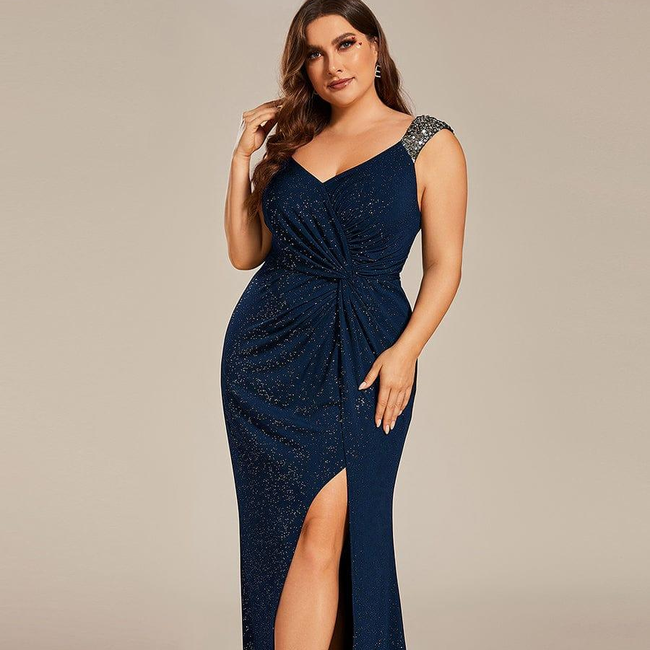 pretty NOIRE|Plus Size Glitter V-Neck High Slit Sequin Shoulder Strap Evening Dress-gallery-32647844659274
