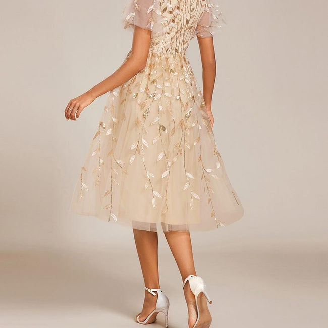 ever SIMONE|Short Sleeves Leaf Sequin A-Line Midi Formal Wedding Guest Dress-gallery-31760599154762