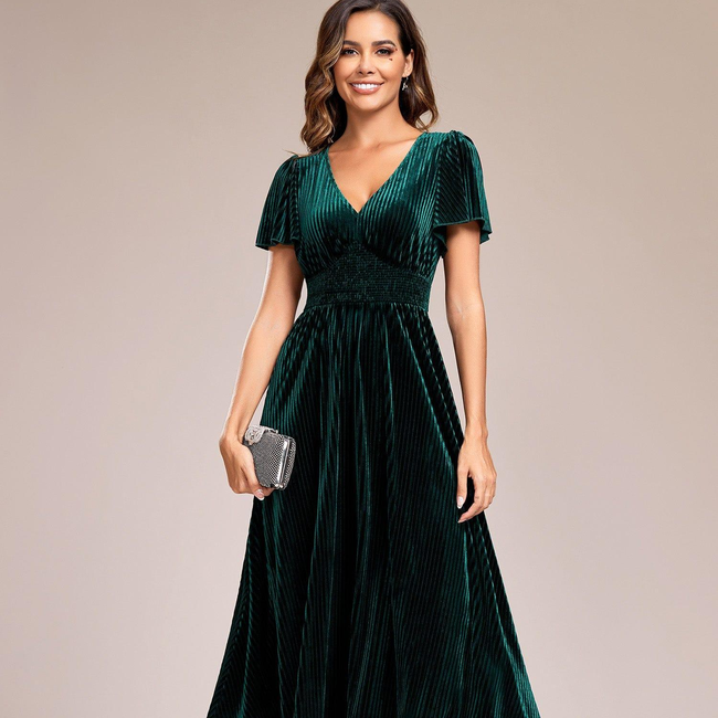ever AZALEA|Graceful V-Neck Waist Design Short Sleeves Fall Velvet Midi Wedding Guest Dress-gallery-30251464163402
