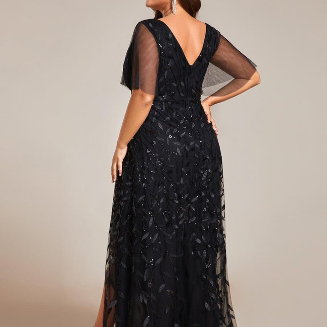 pretty ALIX|Plus Size Short Sleeves Sequin High Low V-Neck Midi Formal Evening Dress-gallery-30613784068170